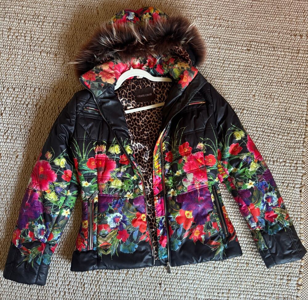 RARE Vtg Roberto Cavalli 2000s Floral Puffer Jacket Fur Hood Leopard Lining Y2K
